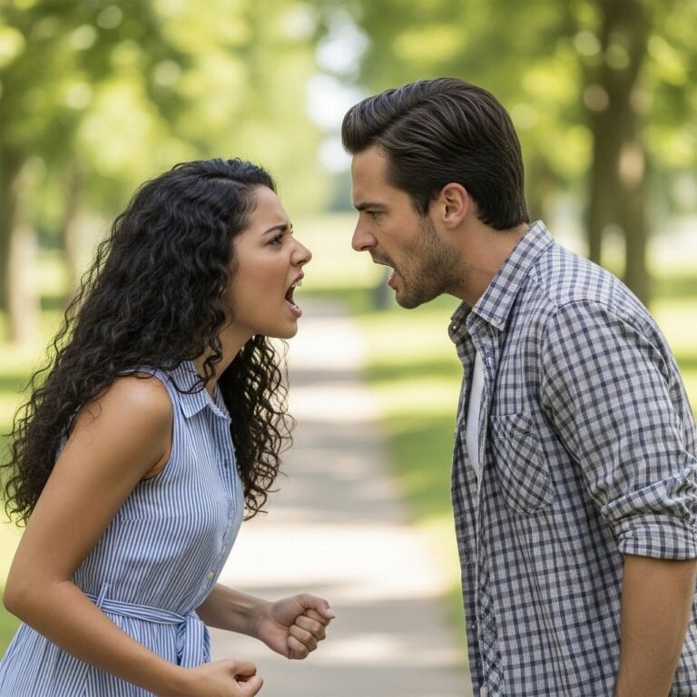 Relacionamento abusivo: como identificar, sair e recomeçar com dignidade — imagem de casal discutindo em um parque, representando conflito e abuso emocional.