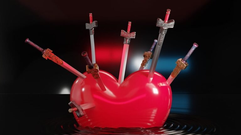 Ilustração de um coração atravessado por espadas, simbolizando a dor intensa causada por um amor não correspondido.