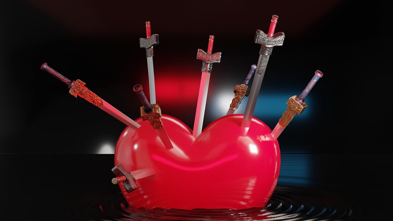 Ilustração de um coração atravessado por espadas, simbolizando a dor intensa causada por um amor não correspondido.