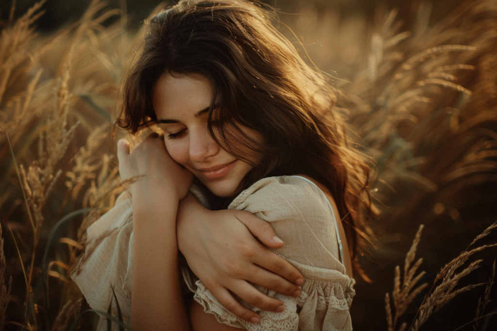 “Mulher sorrindo com os olhos fechados em meio a um campo, abraçando a si mesma em gesto de autocuidado e amor-próprio”