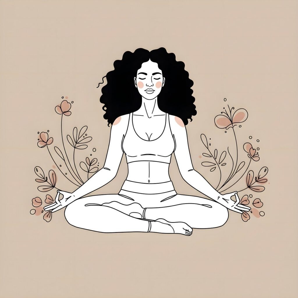 Ilustração de uma mulher negra meditando com flores ao redor, representando a reconstrução da autoestima após sair de um relacionamento tóxico.