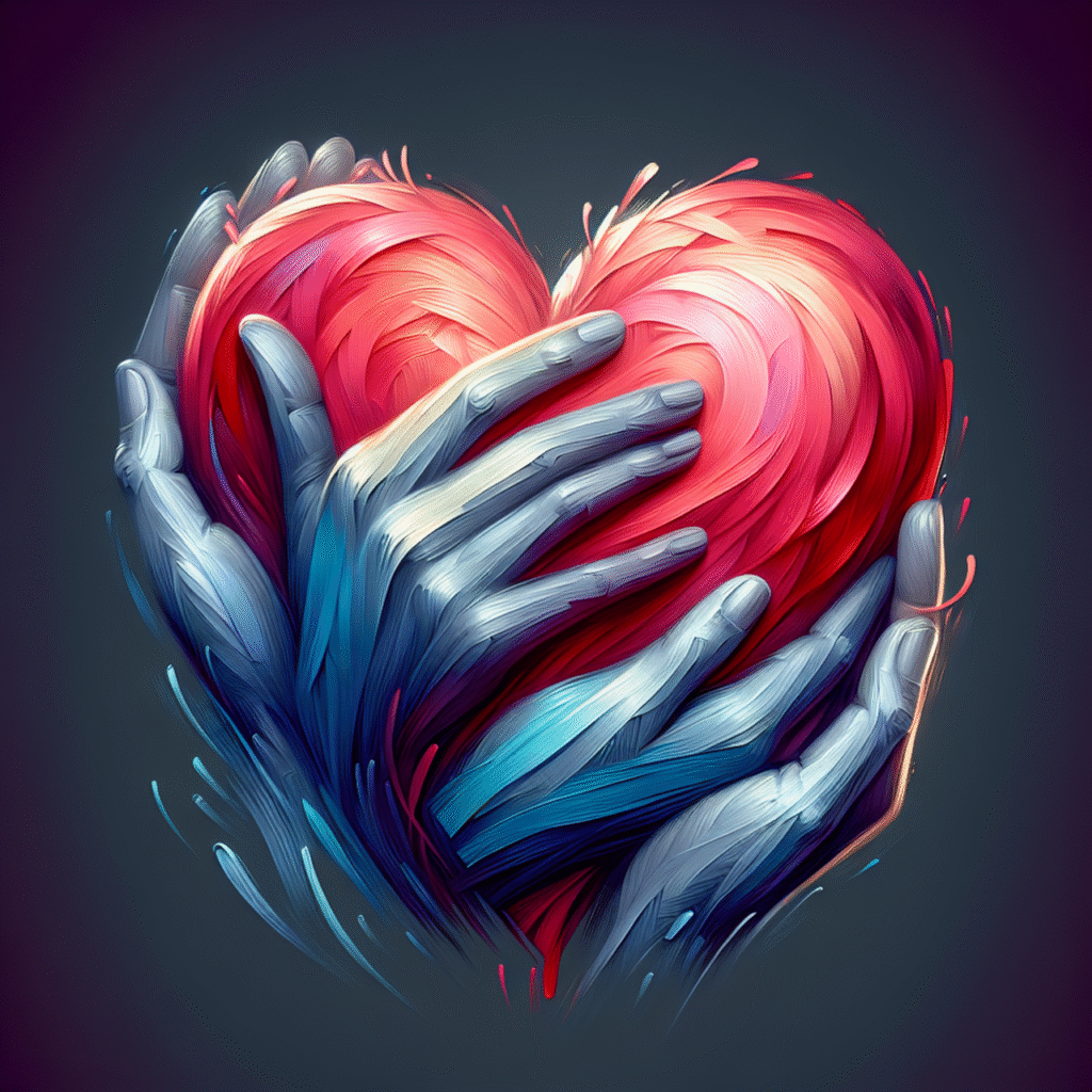Ilustração de mãos segurando um coração vibrante, representando proteção emocional e o processo de reabrir o coração após uma decepção.