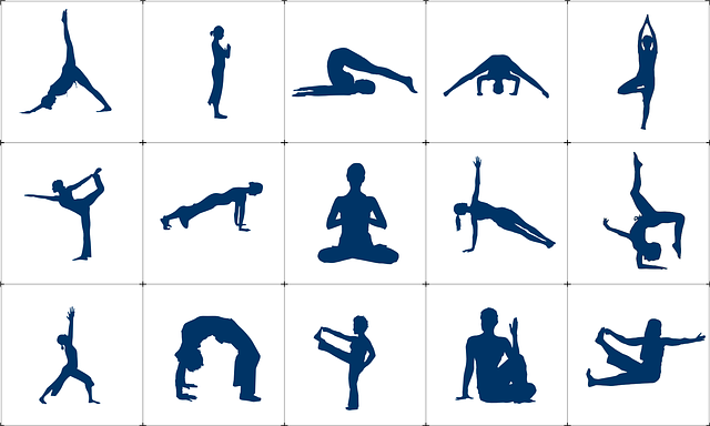 Conjunto de ilustrações com silhuetas de pessoas realizando posturas de ioga e exercícios de respiração e alongamento, simbolizando práticas que ajudam a lidar com a carência emocional e a desenvolver maior equilíbrio interior, autoconsciência e independência emocional.