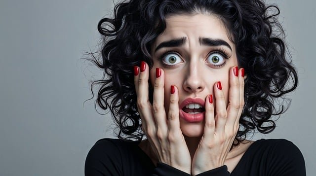 Carência emocional: Mulher com expressão de pânico cobrindo o rosto, representando medo intenso e angústia emocional.