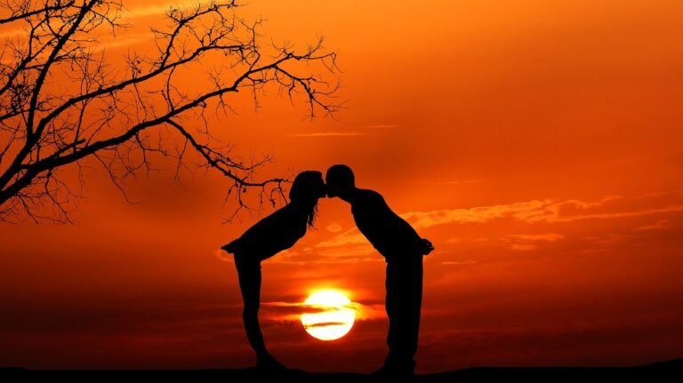 Casal se beijando ao pôr do sol representando a conexão em um relacionamento monogâmico.